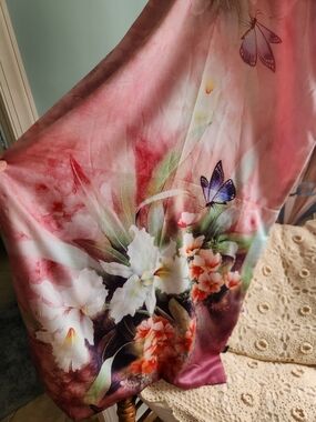 Floral Butterfly Silk Scarf - Pink and  Multi Colored